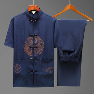 Buddha Gift Dragon Fu Character Tang Suit Traditional Short Sleeve Shirt Wide Leg Pants Clothing Men's Set