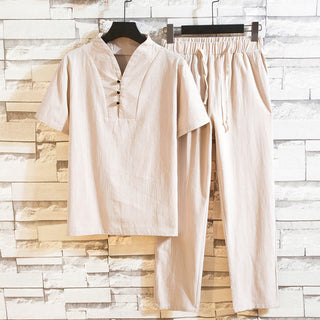 Buddha Gift 2Pcs Solid Color Cotton Button Short Sleeve T-shirt Pants Men's Set