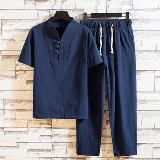 Buddha Gift 2Pcs Solid Color Cotton Button Short Sleeve T-shirt Pants Men's Set