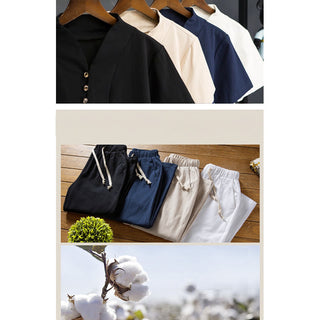 Buddha Gift 2Pcs Solid Color Cotton Button Short Sleeve T-shirt Pants Men's Set