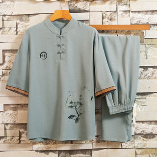 Buddha Gift 2Pcs Tree Pattern Cotton Linen Frog-Button Short Sleeve Shirt Pants Men's Set