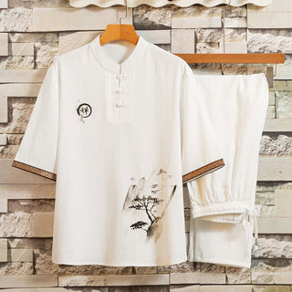 Buddha Gift 2Pcs Tree Pattern Cotton Linen Frog-Button Short Sleeve Shirt Pants Men's Set