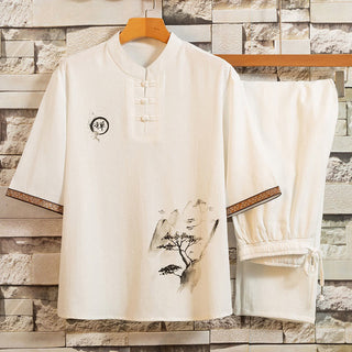 Buddha Gift 2Pcs Tree Pattern Cotton Linen Frog-Button Short Sleeve Shirt Pants Men's Set