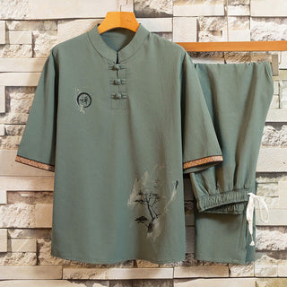 Buddha Gift 2Pcs Tree Pattern Cotton Linen Frog-Button Short Sleeve Shirt Pants Men's Set