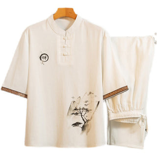 Buddha Gift 2Pcs Tree Pattern Cotton Linen Frog-Button Short Sleeve Shirt Pants Men's Set