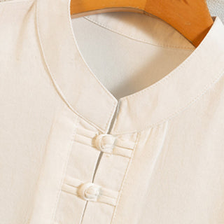 Buddha Gift 2Pcs Tree Pattern Cotton Linen Frog-Button Short Sleeve Shirt Pants Men's Set