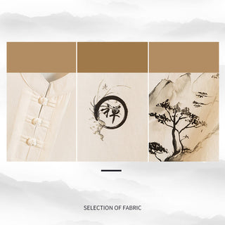 Buddha Gift 2Pcs Tree Pattern Cotton Linen Frog-Button Short Sleeve Shirt Pants Men's Set