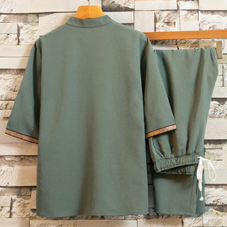 Buddha Gift 2Pcs Tree Pattern Cotton Linen Frog-Button Short Sleeve Shirt Pants Men's Set