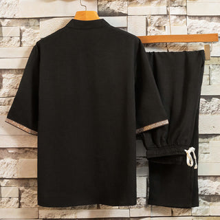 Buddha Gift 2Pcs Tree Pattern Cotton Linen Frog-Button Short Sleeve Shirt Pants Men's Set