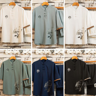 Buddha Gift 2Pcs Tree Pattern Cotton Linen Frog-Button Short Sleeve Shirt Pants Men's Set