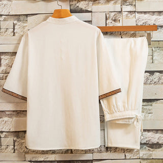 Buddha Gift 2Pcs Tree Pattern Cotton Linen Frog-Button Short Sleeve Shirt Pants Men's Set