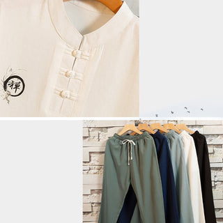 Buddha Gift 2Pcs Tree Pattern Cotton Linen Frog-Button Short Sleeve Shirt Pants Men's Set