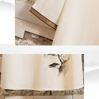 Buddha Gift 2Pcs Tree Pattern Cotton Linen Frog-Button Short Sleeve Shirt Pants Men's Set