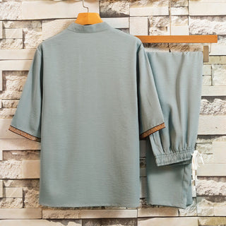 Buddha Gift 2Pcs Tree Pattern Cotton Linen Frog-Button Short Sleeve Shirt Pants Men's Set