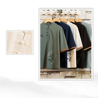 Buddha Gift 2Pcs Tree Pattern Cotton Linen Frog-Button Short Sleeve Shirt Pants Men's Set