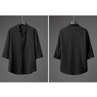 Buddha Gift 2Pcs Solid Color Texture Button Half Sleeve Shirt Pants Men's Set