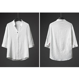 Buddha Gift 2Pcs Solid Color Texture Button Half Sleeve Shirt Pants Men's Set