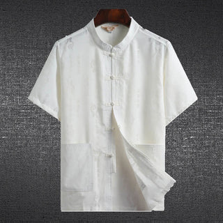 Buddha Gift Frog-Button Fu Character Dragon Bamboo Leaf Chinese Tang Suit Short Sleeve Shirt Linen With Pockets