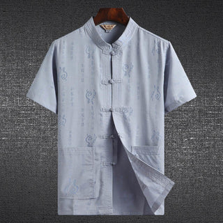 Buddha Gift Frog-Button Fu Character Dragon Bamboo Leaf Chinese Tang Suit Short Sleeve Shirt Linen With Pockets