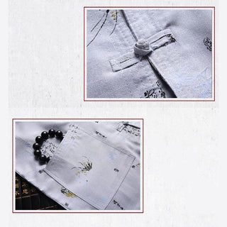 Buddha Gift Frog-Button Fu Character Dragon Bamboo Leaf Chinese Tang Suit Short Sleeve Shirt Linen With Pockets