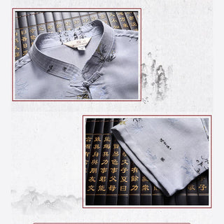 Buddha Gift Frog-Button Fu Character Dragon Bamboo Leaf Chinese Tang Suit Short Sleeve Shirt Linen With Pockets