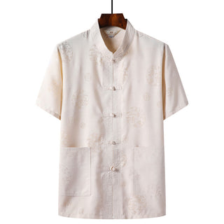 Buddha Gift Frog-Button Fu Character Dragon Bamboo Leaf Chinese Tang Suit Short Sleeve Shirt Linen With Pockets
