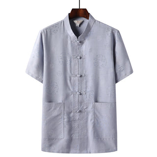 Buddha Gift Frog-Button Fu Character Dragon Bamboo Leaf Chinese Tang Suit Short Sleeve Shirt Linen With Pockets