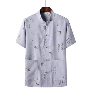 Buddha Gift Frog-Button Fu Character Dragon Bamboo Leaf Chinese Tang Suit Short Sleeve Shirt Linen With Pockets