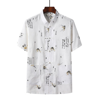 Buddha Gift Frog-Button Fu Character Dragon Bamboo Leaf Chinese Tang Suit Short Sleeve Shirt Linen With Pockets