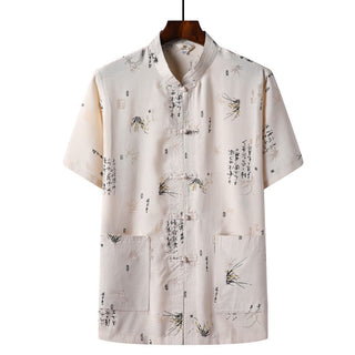Buddha Gift Frog-Button Fu Character Dragon Bamboo Leaf Chinese Tang Suit Short Sleeve Shirt Linen With Pockets