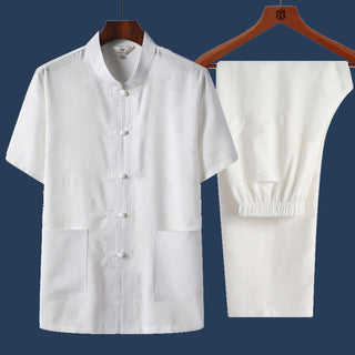 Buddha Gift 2Pcs Frog-Button Fu Character Dragon Bamboo Leaf Short Sleeve Shirt Pants Men's Set