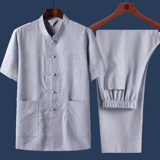 Buddha Gift 2Pcs Frog-Button Fu Character Dragon Bamboo Leaf Short Sleeve Shirt Pants Men's Set