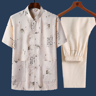 Buddha Gift 2Pcs Frog-Button Fu Character Dragon Bamboo Leaf Short Sleeve Shirt Pants Men's Set