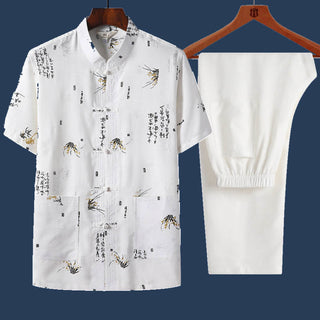 Buddha Gift 2Pcs Frog-Button Fu Character Dragon Bamboo Leaf Short Sleeve Shirt Pants Men's Set