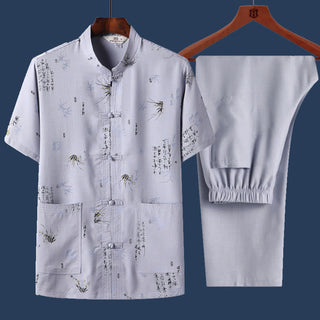 Buddha Gift 2Pcs Frog-Button Fu Character Dragon Bamboo Leaf Short Sleeve Shirt Pants Men's Set