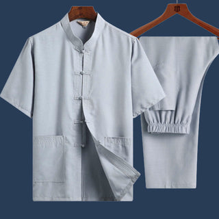 Buddha Gift 2Pcs Frog-Button Fu Character Dragon Bamboo Leaf Short Sleeve Shirt Pants Men's Set