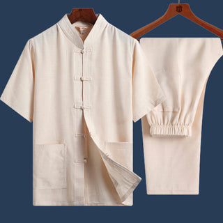 Buddha Gift 2Pcs Frog-Button Fu Character Dragon Bamboo Leaf Short Sleeve Shirt Pants Men's Set