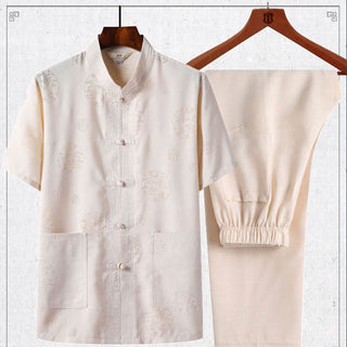 Buddha Gift 2Pcs Frog-Button Fu Character Dragon Bamboo Leaf Short Sleeve Shirt Pants Men's Set