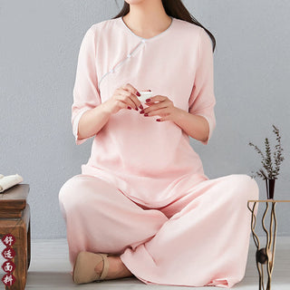 Buddha Gift 2Pcs Three Quarter Sleeve Long Sleeve Shirt Wide Leg Pants Meditation Cotton Linen Clothing Women's Set