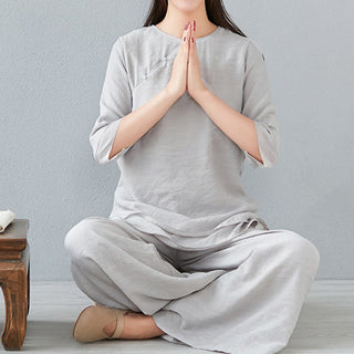 Buddha Gift 2Pcs Three Quarter Sleeve Long Sleeve Shirt Wide Leg Pants Meditation Cotton Linen Clothing Women's Set