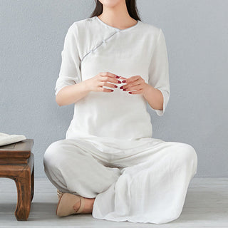 Buddha Gift 2Pcs Three Quarter Sleeve Long Sleeve Shirt Wide Leg Pants Meditation Cotton Linen Clothing Women's Set