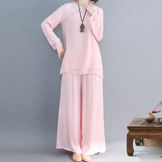Buddha Gift 2Pcs Three Quarter Sleeve Long Sleeve Shirt Wide Leg Pants Meditation Cotton Linen Clothing Women's Set