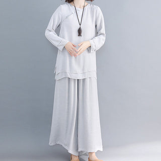 Buddha Gift 2Pcs Three Quarter Sleeve Long Sleeve Shirt Wide Leg Pants Meditation Cotton Linen Clothing Women's Set