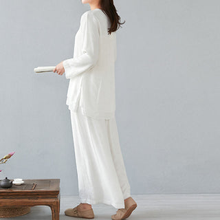 Buddha Gift 2Pcs Three Quarter Sleeve Long Sleeve Shirt Wide Leg Pants Meditation Cotton Linen Clothing Women's Set