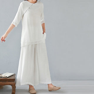 Buddha Gift 2Pcs Three Quarter Sleeve Long Sleeve Shirt Wide Leg Pants Meditation Cotton Linen Clothing Women's Set