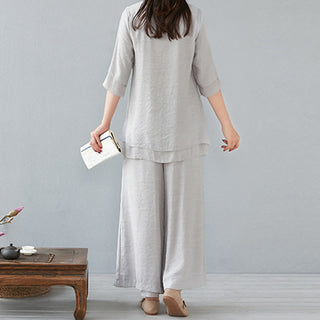 Buddha Gift 2Pcs Three Quarter Sleeve Long Sleeve Shirt Wide Leg Pants Meditation Cotton Linen Clothing Women's Set