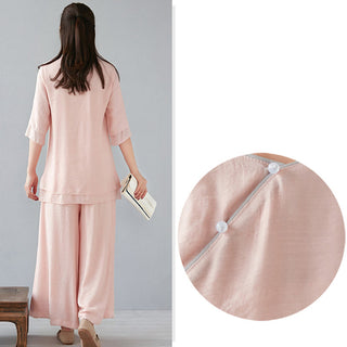 Buddha Gift 2Pcs Three Quarter Sleeve Long Sleeve Shirt Wide Leg Pants Meditation Cotton Linen Clothing Women's Set