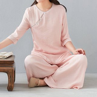 Buddha Gift 2Pcs Three Quarter Sleeve Long Sleeve Shirt Wide Leg Pants Meditation Cotton Linen Clothing Women's Set