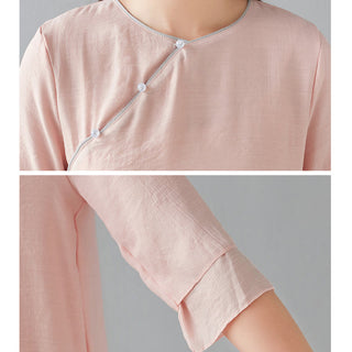 Buddha Gift 2Pcs Three Quarter Sleeve Long Sleeve Shirt Wide Leg Pants Meditation Cotton Linen Clothing Women's Set