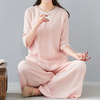 Buddha Gift 2Pcs Three Quarter Sleeve Long Sleeve Shirt Wide Leg Pants Meditation Cotton Linen Clothing Women's Set